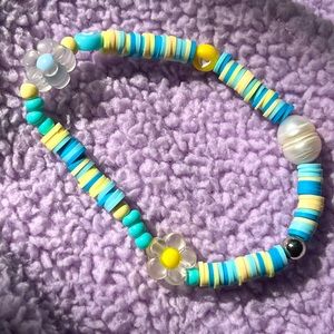 HANDMADE yellow and blue heishi bead bracelet with freshwater pearl and flower